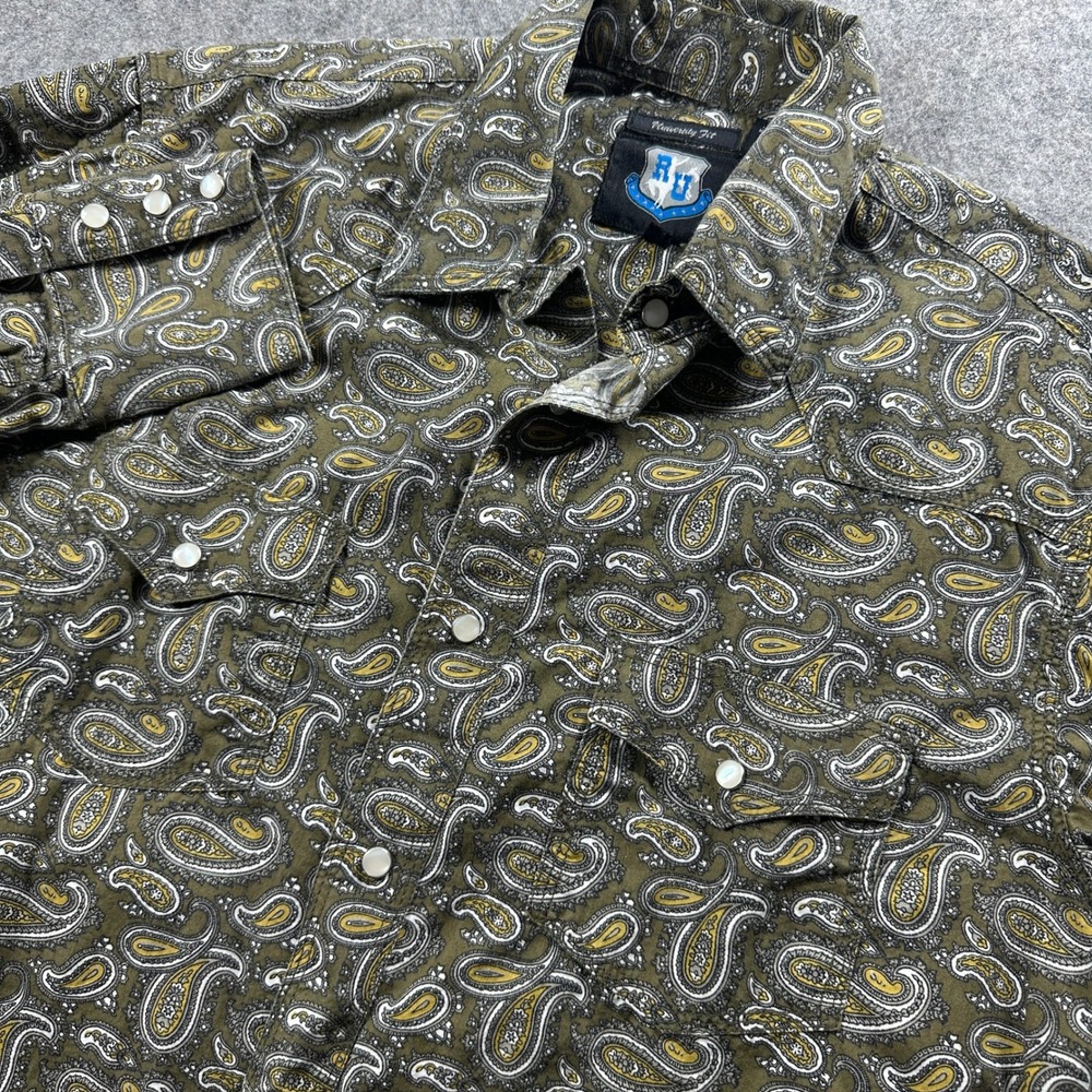 RU Western Pearl Snap Shirt M Olive Green Paisley University Fit Long Sleeve